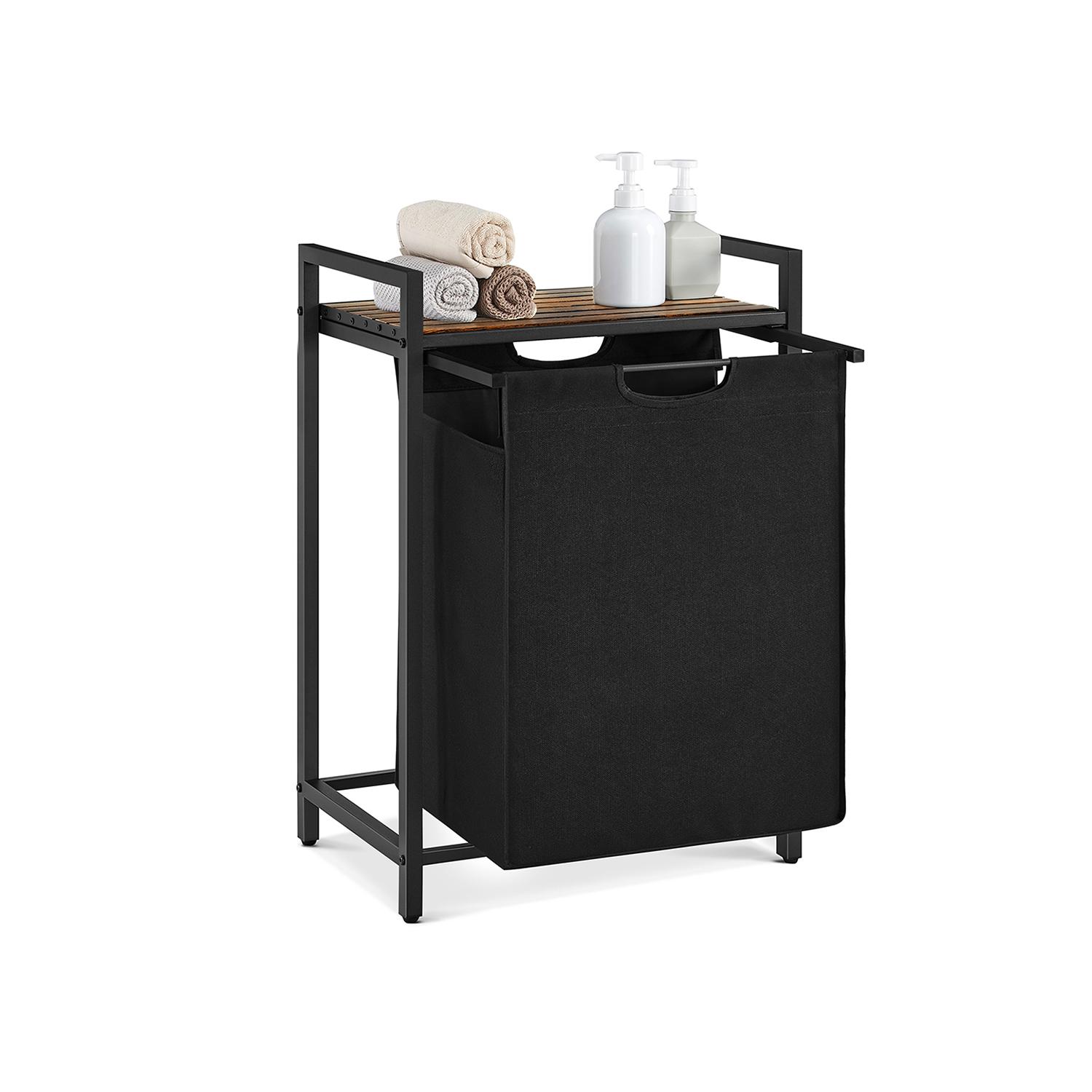 Vasketøjskurv med hylde 65 l udtrækkelig pose, metalramme, 50 × 33 × 72 cm, rustik brun/sort