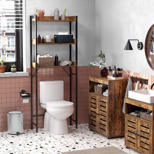 Toilethylde over toilet i industrielt design, vintage brun/sort, 3 åbne hylder