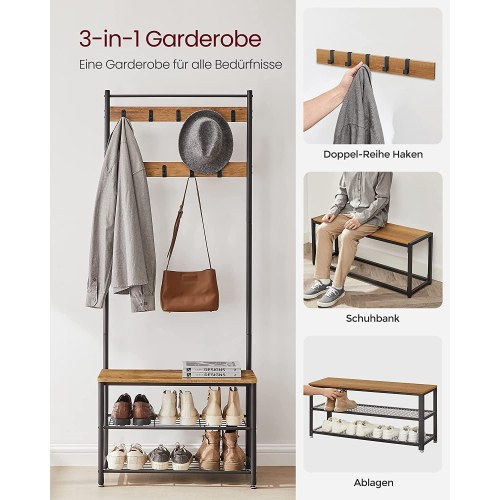 Garderobestativ med bænk og skohylder – VASAGLE, 177 cm, valnød/sort