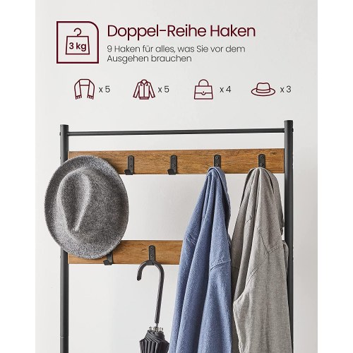 Garderobestativ med bænk og skohylder – VASAGLE, 177 cm, valnød/sort