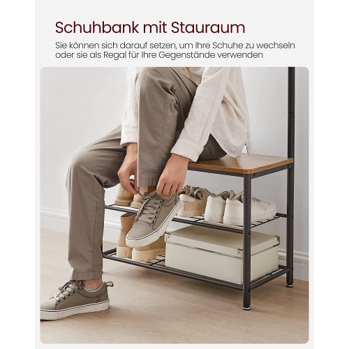 Garderobestativ med bænk og skohylder – VASAGLE, 177 cm, valnød/sort