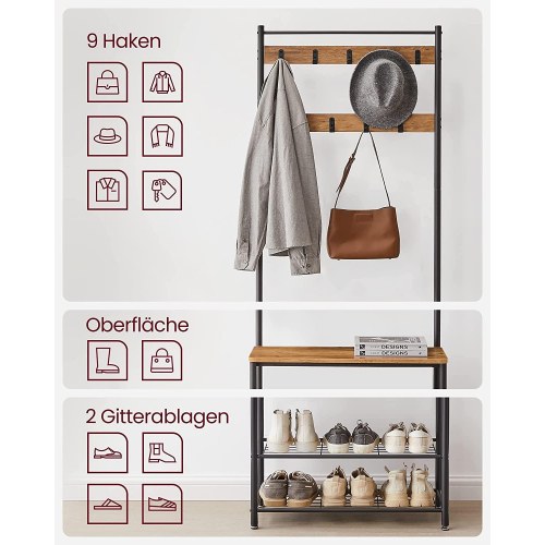 Garderobestativ med bænk og skohylder – VASAGLE, 177 cm, valnød/sort