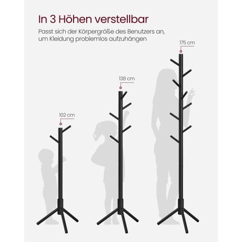 Stumtjener i træ med 8 kroge justerbar højde, sort