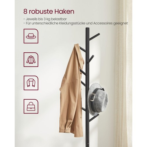 Stumtjener i træ med 8 kroge justerbar højde, sort