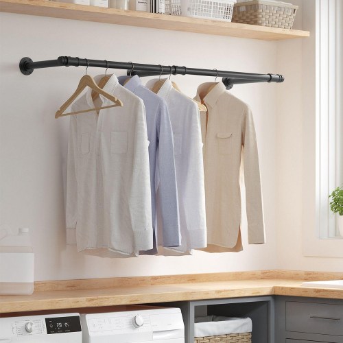 Tøjstang vægmonteret industrielt design, 170 × 7 × 30,4 cm, sort, 68 kg bæreevne