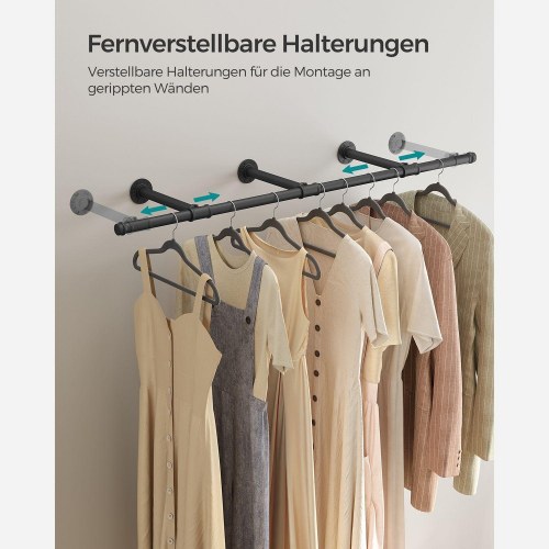 Tøjstang vægmonteret industrielt design, 170 × 7 × 30,4 cm, sort, 68 kg bæreevne