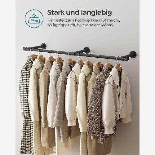 Tøjstang vægmonteret industrielt design, 170 × 7 × 30,4 cm, sort, 68 kg bæreevne