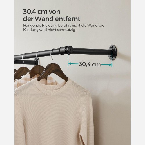 Tøjstang vægmonteret industrielt design, 170 × 7 × 30,4 cm, sort, 68 kg bæreevne