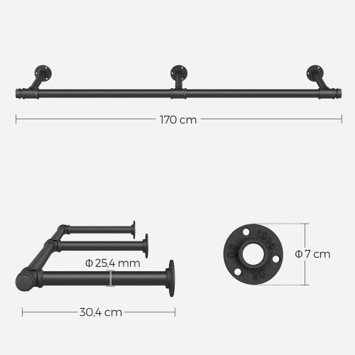 Tøjstang vægmonteret industrielt design, 170 × 7 × 30,4 cm, sort, 68 kg bæreevne