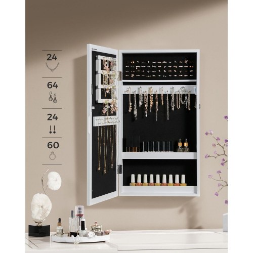 Smykkeskab med spejl hvid, væghængt og låsbart