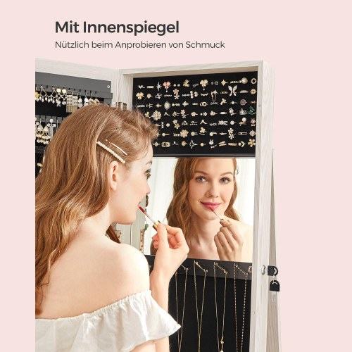 Smykkeskab med spejl 360° fritstående, låsbart 3-i-1, hylder, kosmetikopbevaring, hvid med grå træstruktur