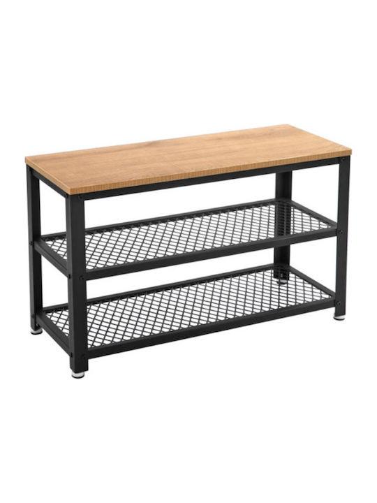 Skobænk med 2 hylder metal og træ, 73×30×45 cm