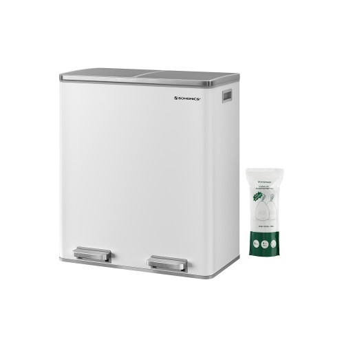 Skraldespand med to rum 2 × 30 l hvid/sølv, pedal og soft close