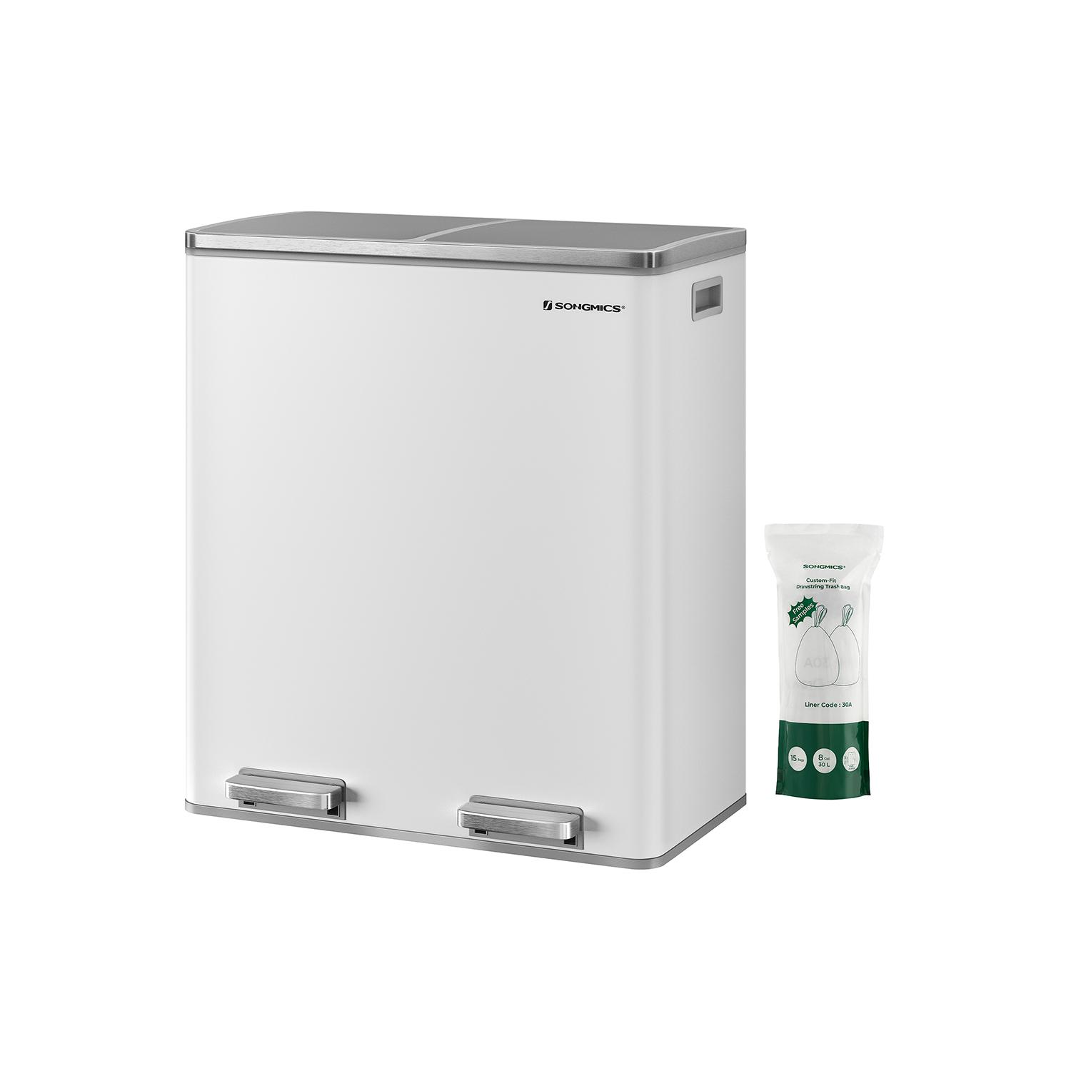 Skraldespand med to rum 2 × 30 l hvid/sølv, pedal og soft close