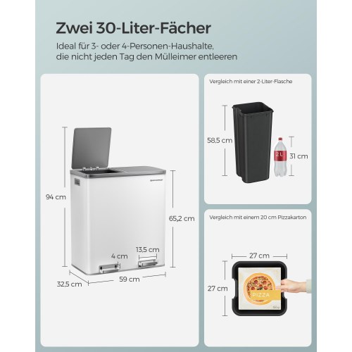 Skraldespand med to rum 2 × 30 l hvid/sølv, pedal og soft close
