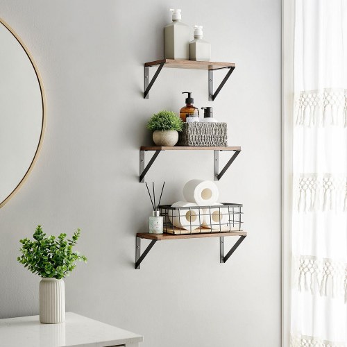 Væghylder sæt med 3 flydende hylder, rustik brun/sort