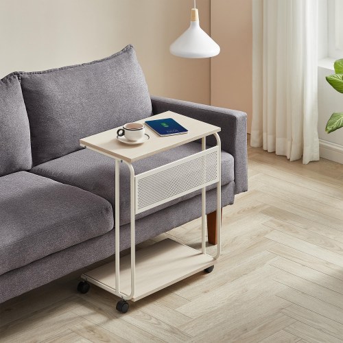 Sofabord på hjul C-formet, cremehvid (55 × 34 × 66 cm)