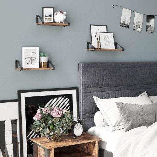 Væghylder industrielt svævende hylder, sæt af 3, rustik brun