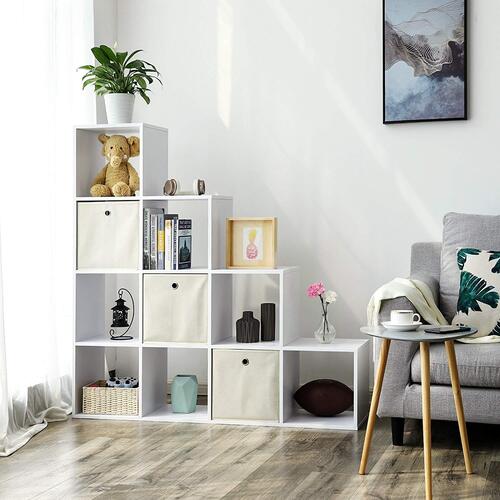 Bogreol i kuber – VASAGLE trappereol, rumdeler, 10 åbne rum, hvid, 129,5 × 129,5 × 29 cm