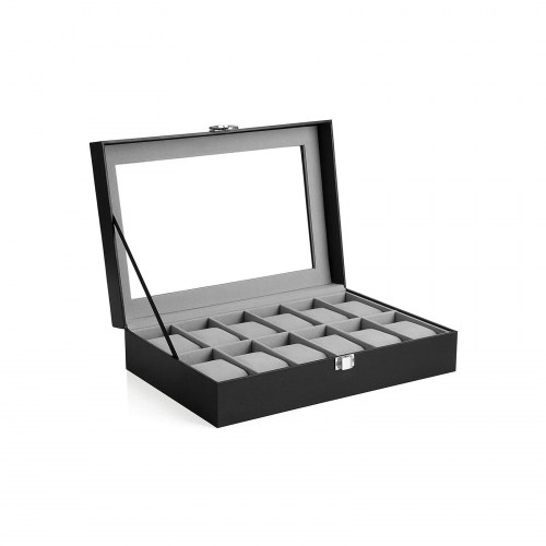 Urkasse med 12 rum urboks med glaslåg, aftagelige puder, sort kunstlæder, grå foring