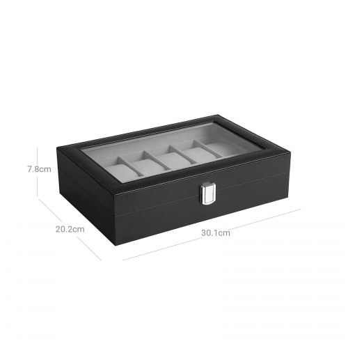 Urkasse med 12 rum urboks med glaslåg, aftagelige puder, sort kunstlæder, grå foring