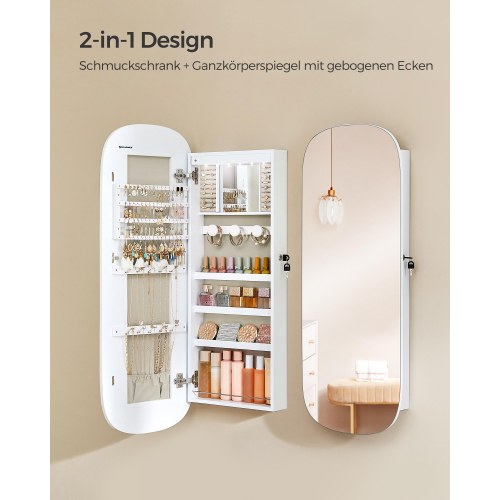 Smykkespejl med opbevaring væg-/dørmonteret, låsbart, bredt spejl med afrundede hjørner og indvendigt LED-spejl, 10 × 42 × 108 cm, hvid/greige