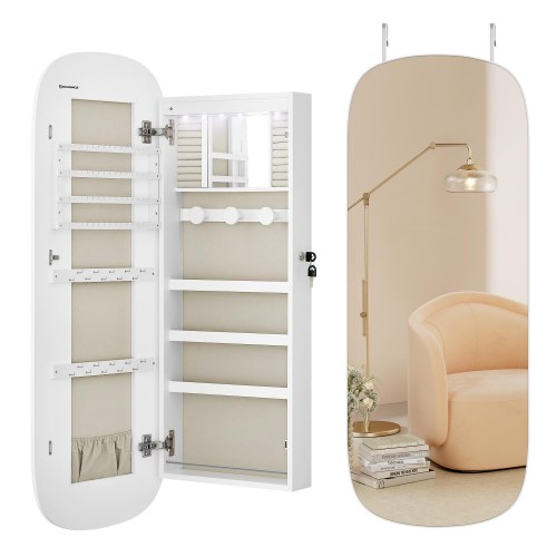 Smykkespejl med opbevaring væg-/dørmonteret, låsbart, bredt spejl med afrundede hjørner og indvendigt LED-spejl, 10 × 42 × 108 cm, hvid/greige