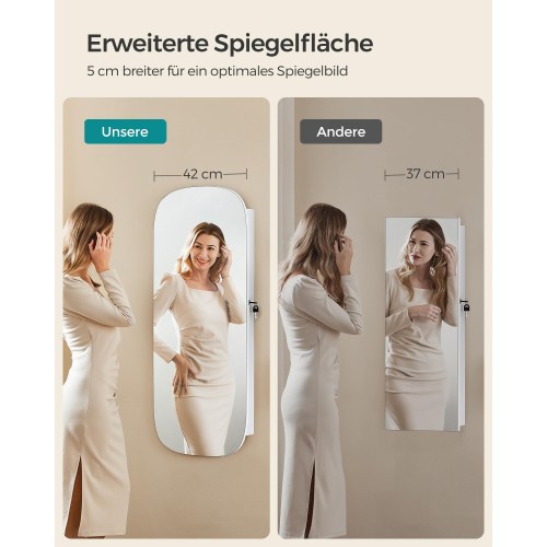 Smykkespejl med opbevaring væg-/dørmonteret, låsbart, bredt spejl med afrundede hjørner og indvendigt LED-spejl, 10 × 42 × 108 cm, hvid/greige