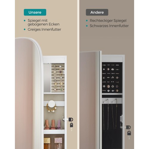 Smykkespejl med opbevaring væg-/dørmonteret, låsbart, bredt spejl med afrundede hjørner og indvendigt LED-spejl, 10 × 42 × 108 cm, hvid/greige