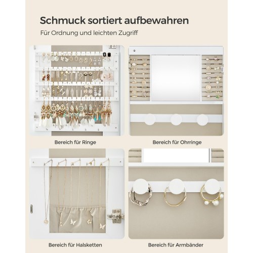 Smykkespejl med opbevaring væg-/dørmonteret, låsbart, bredt spejl med afrundede hjørner og indvendigt LED-spejl, 10 × 42 × 108 cm, hvid/greige