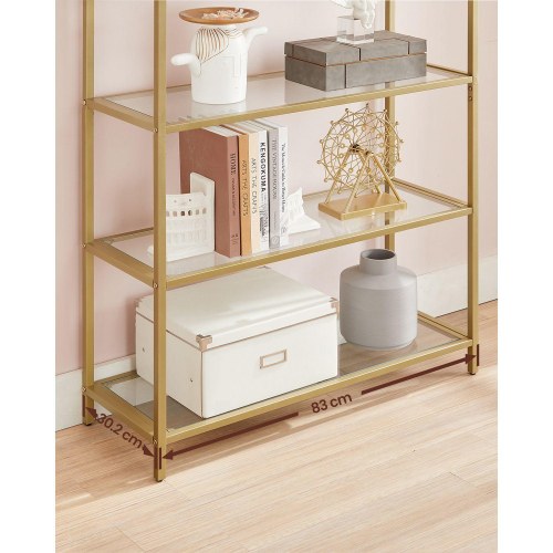 Reol med 5 hylder – VASAGLE, hærdet glas og stål, buet design, gylden (LGT050A01)