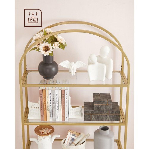 Reol med 5 hylder – VASAGLE, hærdet glas og stål, buet design, gylden (LGT050A01)