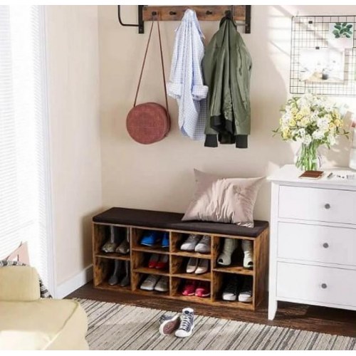 Opbevaringsbænk til sko – VASAGLE, 10 rum, med hynde, 104 × 30 × 48 cm, rustik brun