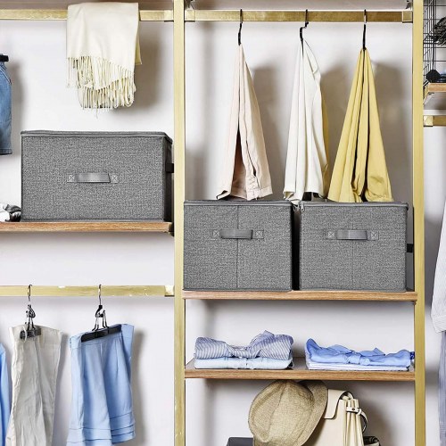 Opbevaringskasser med låg foldbare bokse med håndtag, grå, sæt af 3 (40 × 30 × 25 cm)