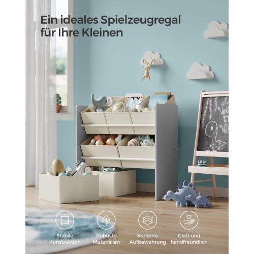 Børnehylde med opbevaring legetøjsreol med 7 stofkasser, 29,5 × 62,5 × 60 cm, duegrå