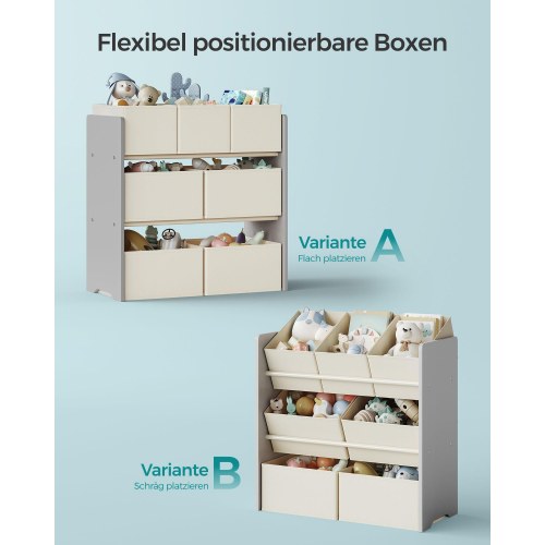 Børnehylde med opbevaring legetøjsreol med 7 stofkasser, 29,5 × 62,5 × 60 cm, duegrå