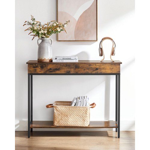 Konsolbord gangbord med 2 skuffer, industrielt design, vintage brun/sort