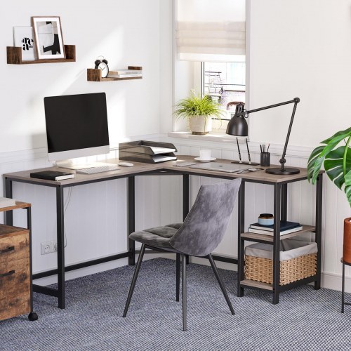 L-formet skrivebord med hylder LWD72MB - greige og sort