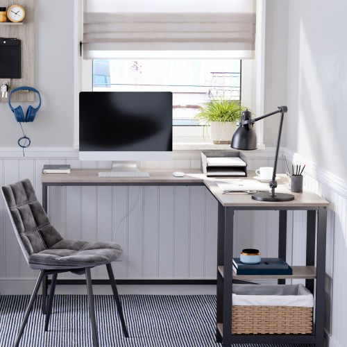 L-formet skrivebord med hylder LWD72MB - greige og sort