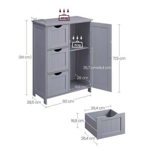 Badeværelsesskab gulv – VASAGLE, 3 skuffer, justerbar hylde, fritstående, 30 × 60 × 80 cm, duegrå