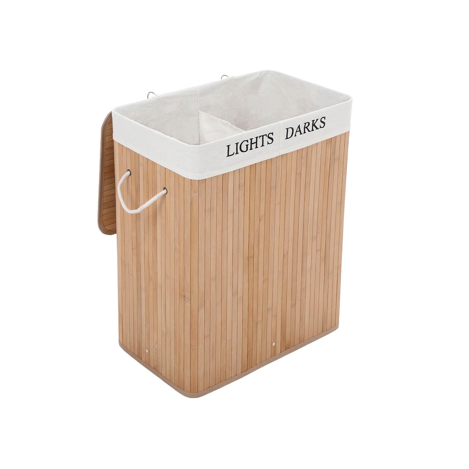 Vasketøjskurv bambus 100 l med 2 rum (52 × 32 × 63 cm) foldbar, aftagelig tøjpose, natur