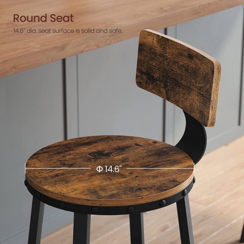 Barstole – VASAGLE, sæt á 2 med ryglæn, 73 cm, industrielt design, rustik brun/sort