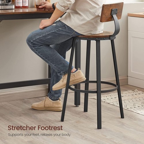 Barstole – VASAGLE, sæt á 2 med ryglæn, 73 cm, industrielt design, rustik brun/sort