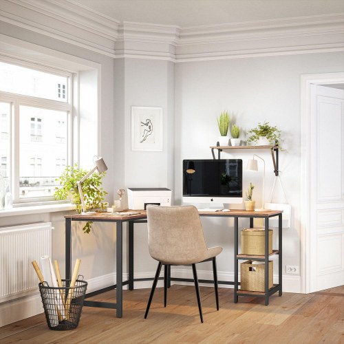 Skrivebord i L‑form hjørneskrivebord med hylder, industriel rustik brun/sort