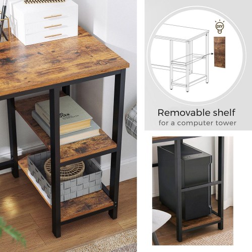 Skrivebord i L‑form hjørneskrivebord med hylder, industriel rustik brun/sort