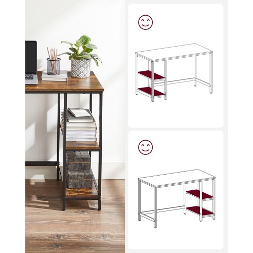 Skrivebord med 2 hylder – industrielt design, rustik brun/sort, 100 × 50 cm
