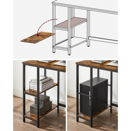 Skrivebord med 2 hylder – industrielt design, rustik brun/sort, 100 × 50 cm