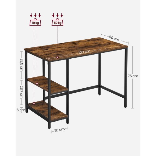 Skrivebord med 2 hylder – industrielt design, rustik brun/sort, 100 × 50 cm
