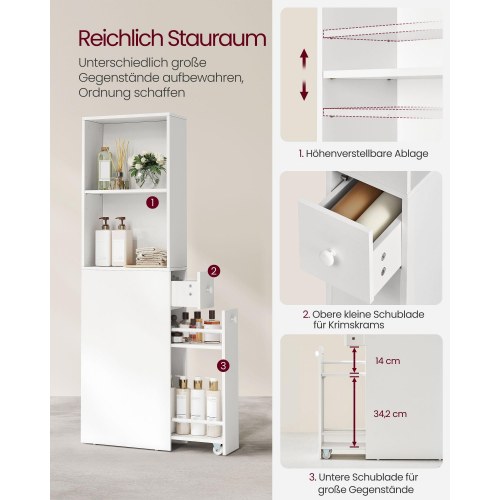 Badeværelsesskab smalt fritstående med skuffer og justerbar hylde, til små rum, hvid