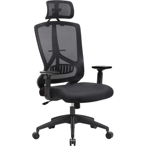 Kontorstol ergonomisk – SONGMICS med lændestøtte, højde- og vippefunktion, justerbar nakkestøtte og armlæn, sort